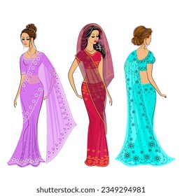 Collection. Silhouette of lovely ladies. The girls are dressed in saris, traditional Indian national clothes. Women are young and beautiful. Set of vector illustrations.