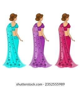 Collection. Silhouette of lovely ladies. The girls are dressed in saris, traditional Indian national clothes. Women are young and beautiful. Set of vector illustrations