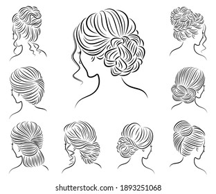 Collection. Silhouette of the lovely lady heads. The girl demonstrates hairstyles for long and medium hair. Suitable for logo, advertising. Vector illustration set.