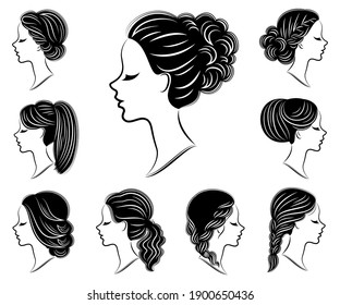 Collection. Silhouette of the lovely lady heads. The girl demonstrates hairstyles for long and medium hair. Suitable for logo, advertising. Vector illustration set.