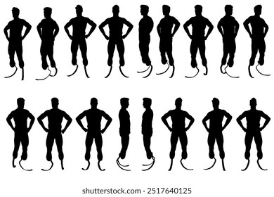 collection of silhouette male character with 2 prosthesis legs, different angles body pose for graphic resource