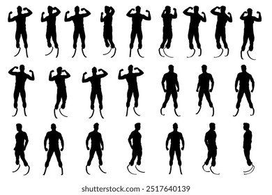 collection of silhouette male character with 2 prosthesis legs, different angles body pose for graphic resource