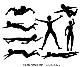 Collection of silhouette male swimmer poses on white