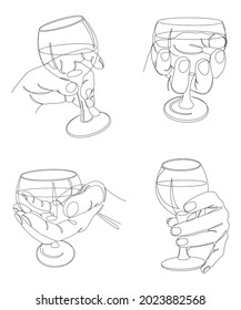 Collection. Silhouette of a man's hand with a glass of wine in a modern one line style. Continuous line drawing, outline for decor, posters, wall art, stickers, logo. Vector illustration set.