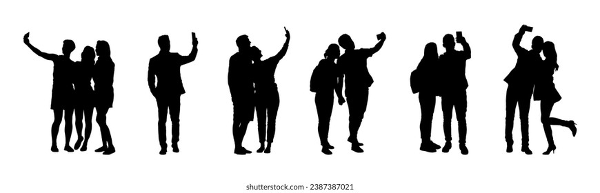 Collection of silhouette people taking selfie in different poses vector set.	