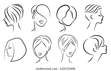 Collection. Silhouette profile of a cute lady's head. The girl shows her hair for short hair. Suitable for logo, advertising. Vector illustration set.