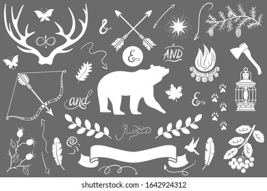 A collection of silhouette rustic style elements, arrows and catchwords for wedding invites and cite design. Wood hand-drawn nature pack
