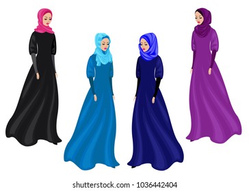 Collection. Silhouette of a sweet lady. The girl wears traditional Muslim women's clothing, hijab. Young and beautiful woman. Vector illustration set.