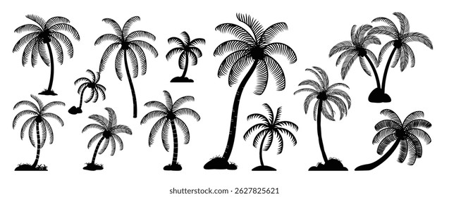 Collection of silhouette tree elements. Set of tropical plants, leaf branch, palm tree, coconut tree. Hand drawn of botanical vectors for decor, website, graphic, decorative.