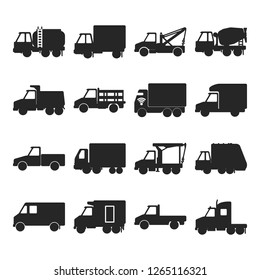 Collection of silhouette truck icons in flat style