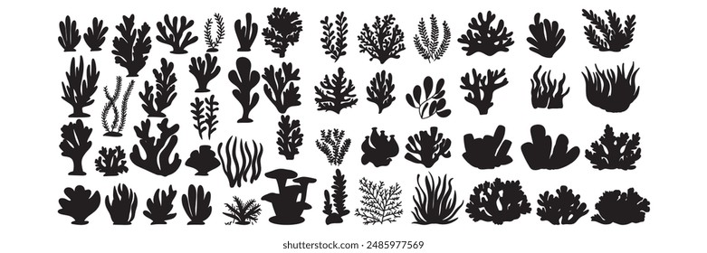 Collection of silhouette underwater plants. Hand drawn vector art.