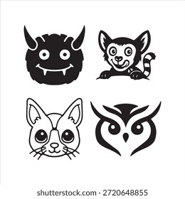 Una colección de caras de dibujos animados de Vector de silueta con búhos, gatos, lémures y monstruos