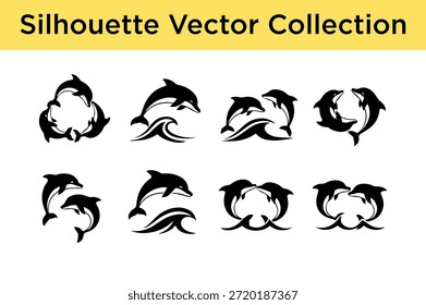 Colección de delfines de Vector de silueta aislados sobre fondo blanco