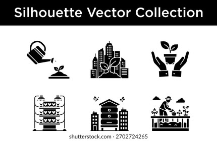 Una colección de iconos vectoriales de siluetas que representan la agricultura urbana, la agricultura sostenible y los conceptos de ciudades ecológicas.