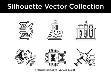 Una colección de iconos vectoriales de siluetas que representan varios conceptos científicos y tecnológicos.