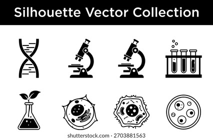 Uma coleção de ícones de vetor de silhuetas representando conceitos científicos e biológicos.