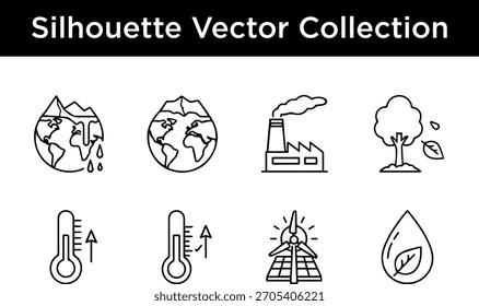 A collection of silhouette vector icons representing environmental themes like global warming, pollution, and renewable energy.