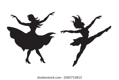 Collection of silhouette vector illustrations of ballerina dancing ballet isolated on white background.
