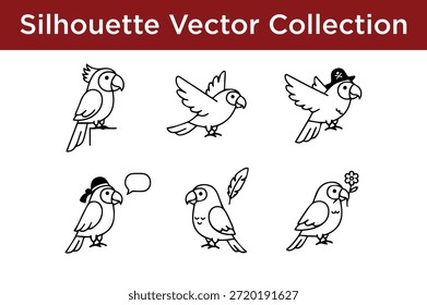 Collection of silhouette vector parrots isolated on white background