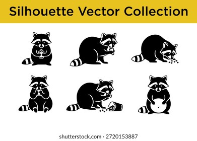 Colección de ilustraciones de mapache de Vector de silueta aisladas sobre fondo blanco