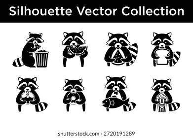 Colección de ilustraciones de mapache de Vector de silueta aisladas sobre fondo blanco