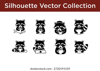 Colección de ilustraciones de mapache de Vector de silueta aisladas sobre fondo blanco