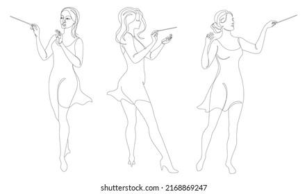 Collection. Silhouette Of A Woman With A Conductor's Baton In A Modern Continuous Line Style, Beauty. Lady Conductor. Aesthetic Decor Sketches, Posters, Stickers, Logo. Vector Illustration Set.