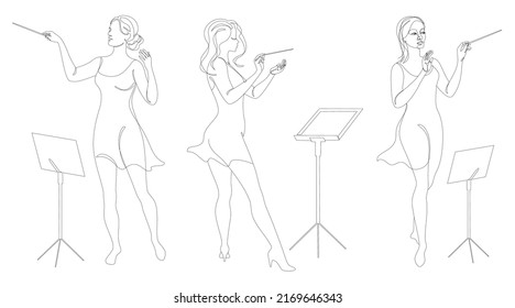 Collection. Silhouette of a woman with a conductor's baton in a modern continuous line style, beauty. Lady Conductor. Aesthetic decor sketches, posters, stickers, logo. Vector illustration set.