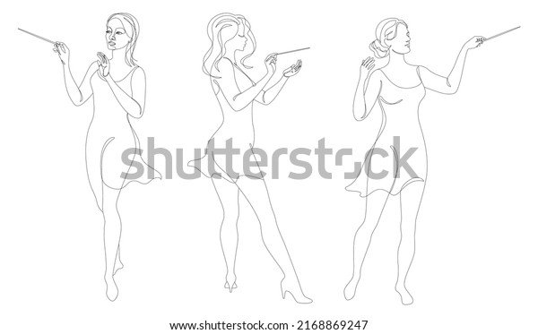 Collection. Silhouette of a woman with a conductor\'s\
baton in a modern continuous line style, beauty. Lady Conductor.\
Aesthetic decor sketches, posters, stickers, logo. Vector\
illustration set.