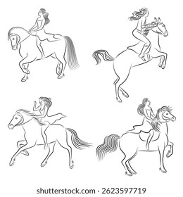 Collection. Silhouette of a woman on a stylish horse. The girl is slender and beautiful rider. Lady for aesthetic decor, posters, stickers, logo. Vector illustrations set