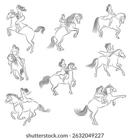 Collection. Silhouette of a woman on a stylish horse. The girl is slender and beautiful rider. Lady for aesthetic decor, posters, stickers, logo. Vector illustrations set