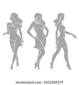 Collection. Silhouette of a woman in style. The girl is slim and beautiful. Lady suitable for decor, posters, stickers, logo. Vector illustration set.