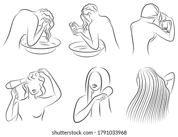 Collection. Silhouette of a woman washes her head. Lady dries her hair with a towel and hairdryer, combs. Pretty haircut. Set of vector illustrations.