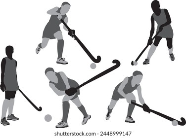 a collection of silhouette women playing field hockey