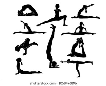 Collection of silhouette Women yoga poses on white