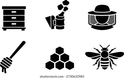 Sammlung von verstummten Imkereiwerkzeugen und -kreaturen. Zu den Ikonen gehören hölzerner Bienenstock mit Schubladen, Metallraucher mit Rauch, Imkerhut mit Mesh, hölzerner Honigwischer tropfender Honig, geometrische Wabenformen und detailreiche Bieneninsekten. Nützlich für Themen aus Landwirtschaft und Natur.
