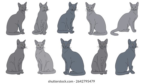 A Collection of Silhouetted Cats Sitting and Standing Calmly with Different Shades