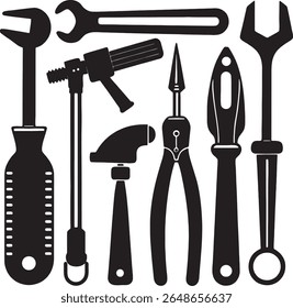 Collection of silhouetted hand tools including a hammer and wrenches	
