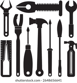 Collection of silhouetted hand tools including a hammer and wrenches	