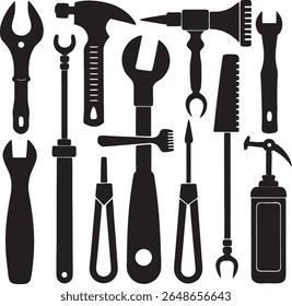 Collection of silhouetted hand tools including a hammer and wrenches	