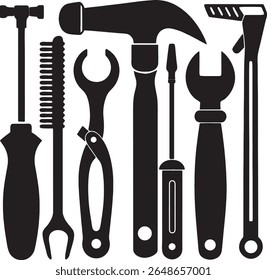 Collection of silhouetted hand tools including a hammer and wrenches	