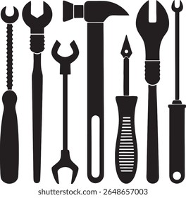 Collection of silhouetted hand tools including a hammer and wrenches	