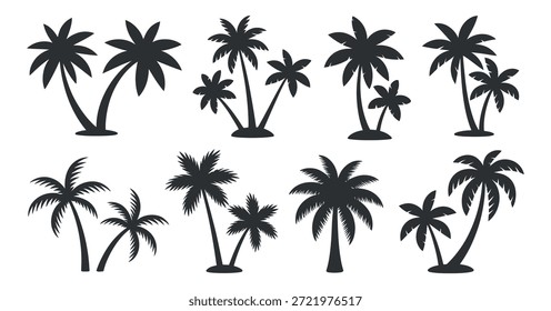 Una colección de palmeras siluetadas en varios tamaños y Formas sobre un fondo blanco liso que muestra el follaje tropical