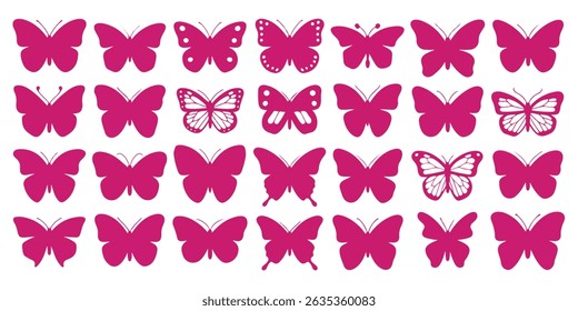 Collection of silhouetted pink butterflies in various styles isolated on a white background