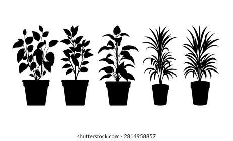 A collection of silhouetted potted plants showcasing different shapes and sizes, ideal for gardening, decoration, and botanical themes.