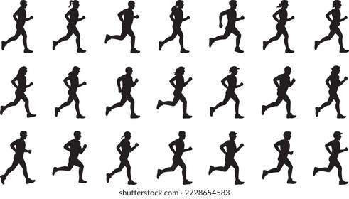Collection of silhouetted runners in various running poses showcasing different stages of the running motion against a clean white background.