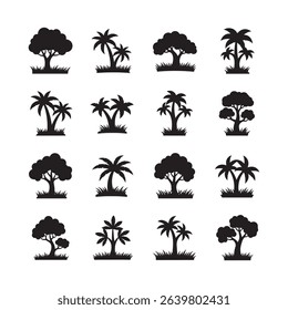 Collection of silhouetted trees and palm trees in various styles and designs isolated