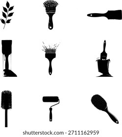 Colección de utensilios y herramientas de silueta, incluidos pinceles de espátulas y un rodillo sobre fondo blanco