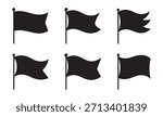 Collection of silhouetted waving flags on poles
