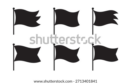 Collection of silhouetted waving flags on poles